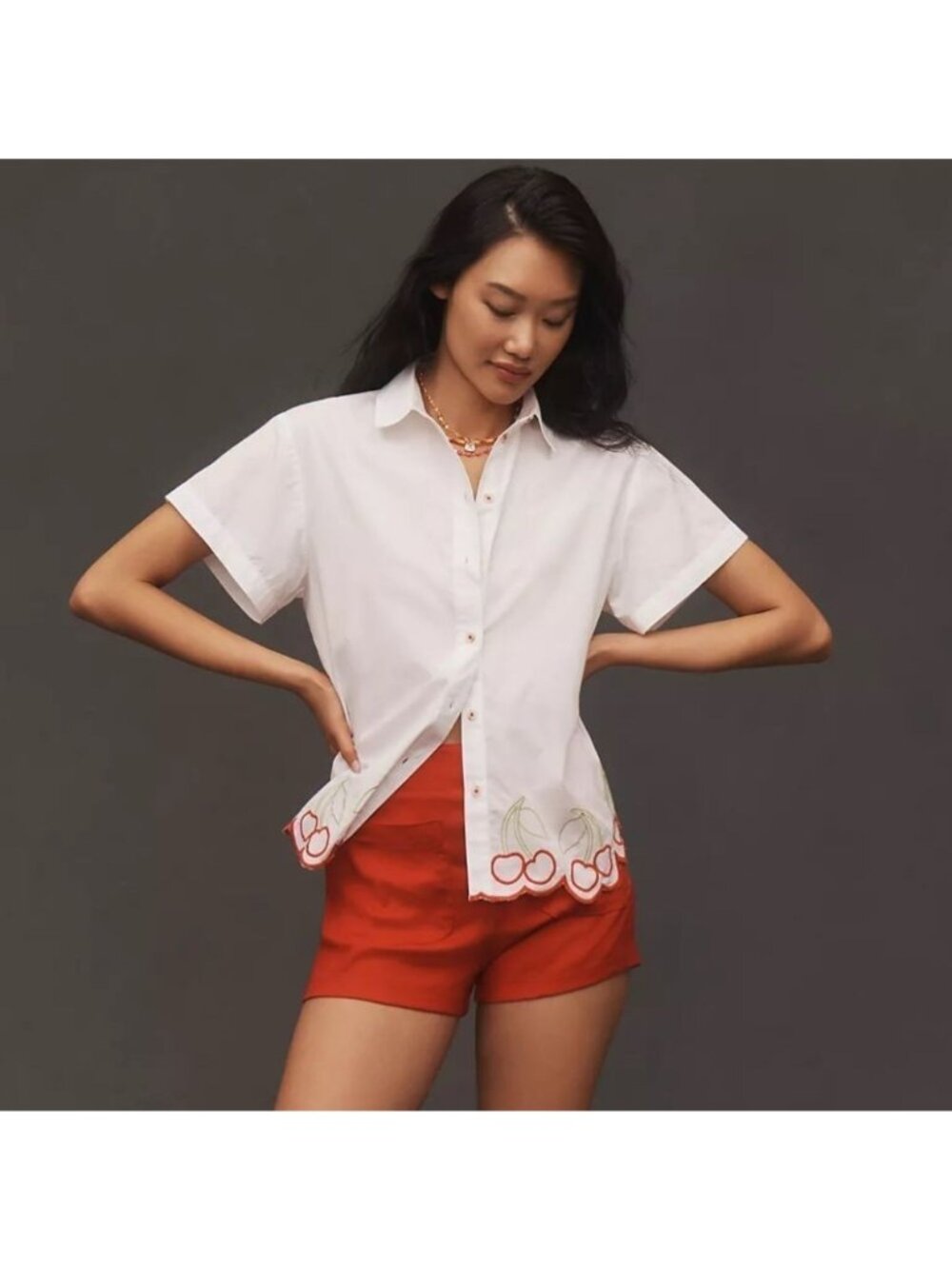 NEW Anthropologie Maeve Henrietta Button Down Surf Shirt Cherry Edition Sz S